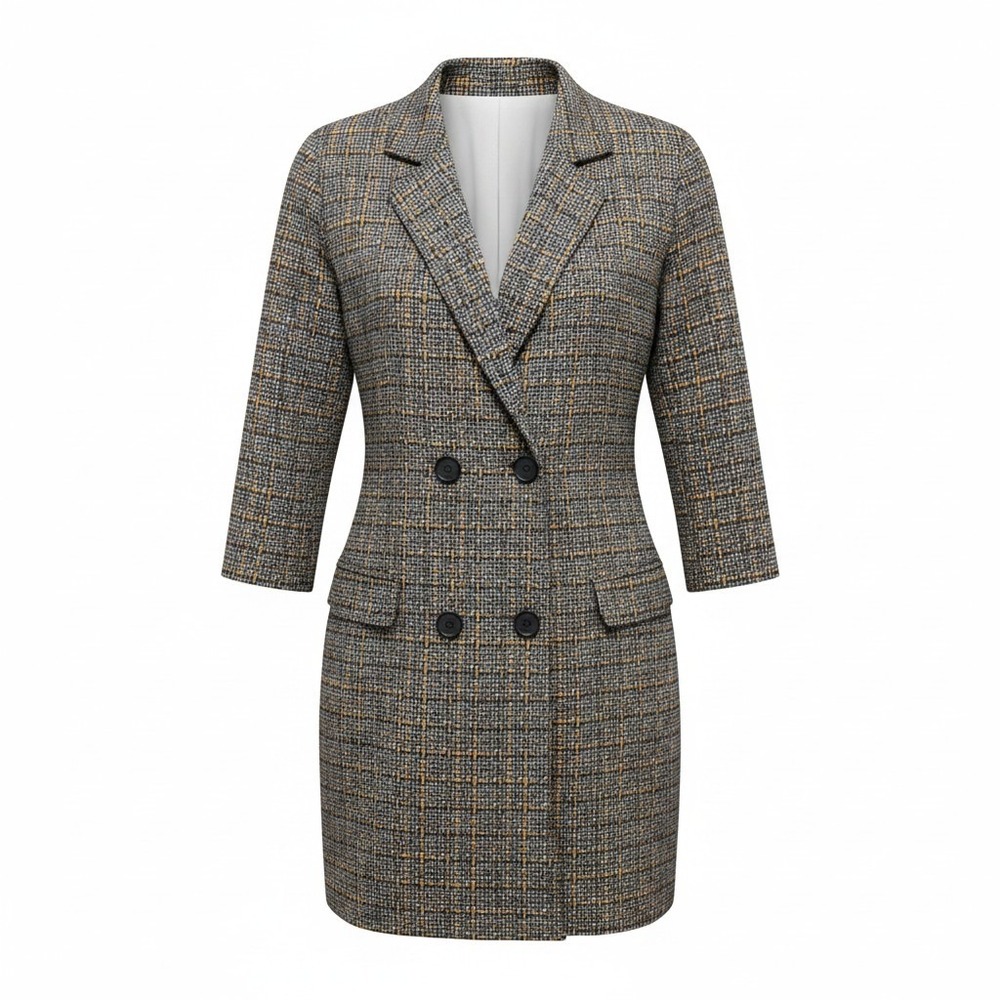 NYCC Blazer Dress Womens PS Grey Yellow Plaid Double Breasted 3/4 Sleeve